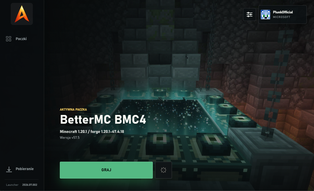 Ekran launchera Amber Client z aktywną paczką BetterMC BMC4